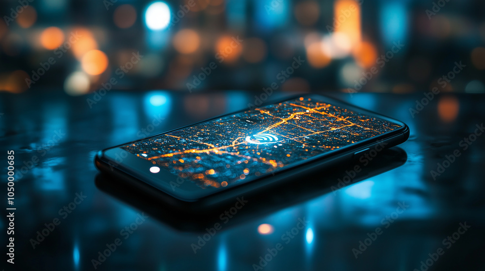 Aufkleber a close-up of a smartphone displaying a map with a highlighted gps location icon, with vibrant city 