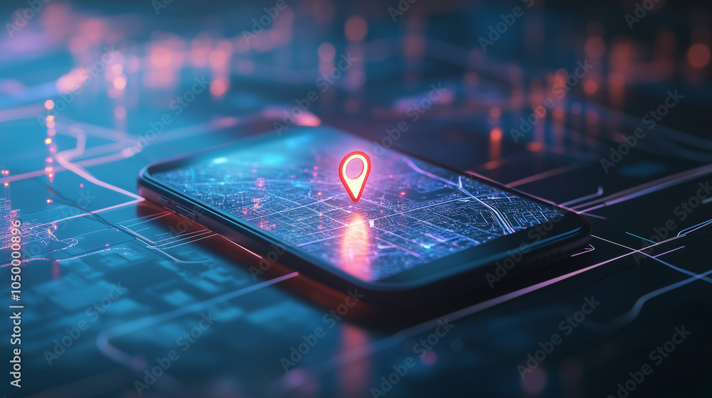 Poster a smartphone screen displaying a glowing gps location pin, surrounded by roadmaps and travel plans, 