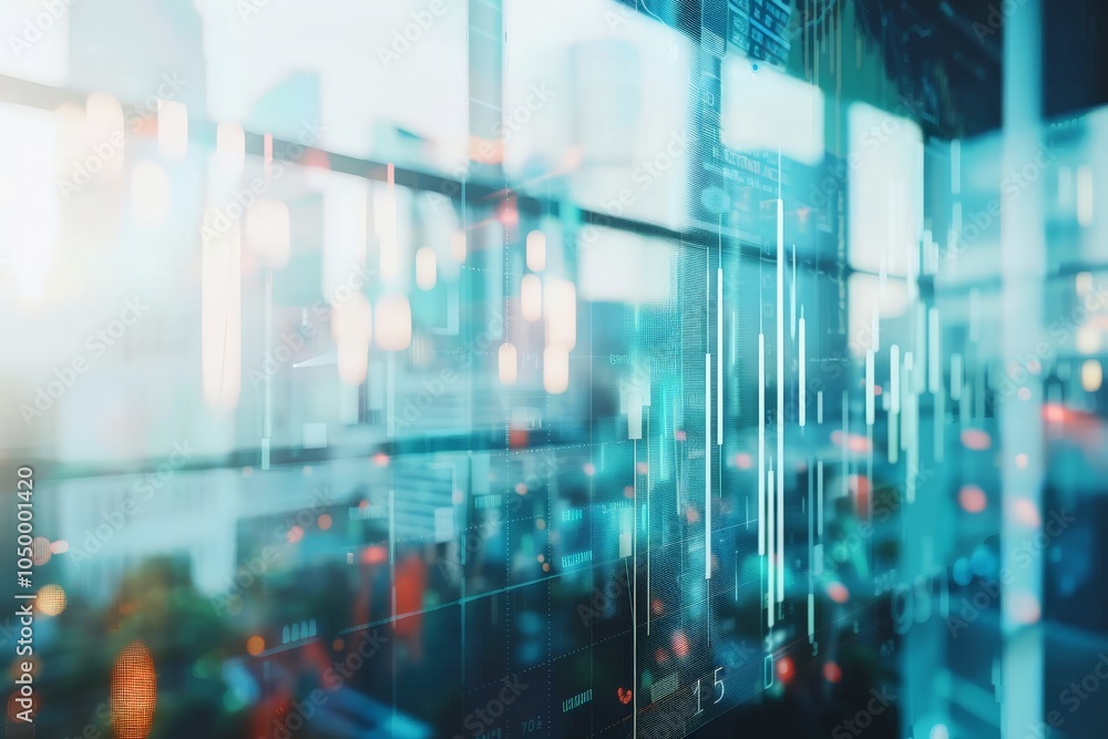 Poster an abstract data visualization showcasing various graphs and digital lines blended with cityscape re