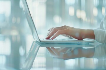 A close-up view of hands gracefully typing on a sleek silver laptop, reflecting professionalism and technology in a bright, modern office setting.