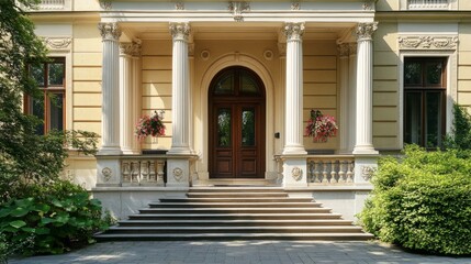 Obraz premium Majestic urban townhouse with Ionic columns and a wide entrance staircase, located in a fashionable neighborhood