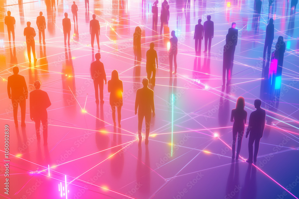 Poster digital illustration of interconnected human figures forming a vast network, with lines and nodes sy