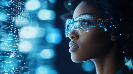 African american young woman IT specialist analysing futuristic holographic data information