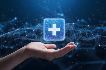 Hand holds holographic blue square with cross, representing digital connectivity
