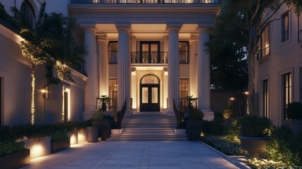 Obraz premium The grandeur of a Neoclassical townhouse shines with its bold Ionic columns and majestic stairway in the heart of a vibrant city.