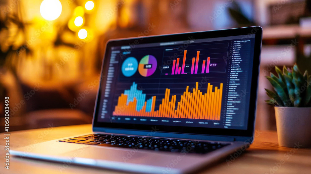 Poster a laptop displaying colorful data visualizations with bar graphs and pie charts in a cozy indoor set