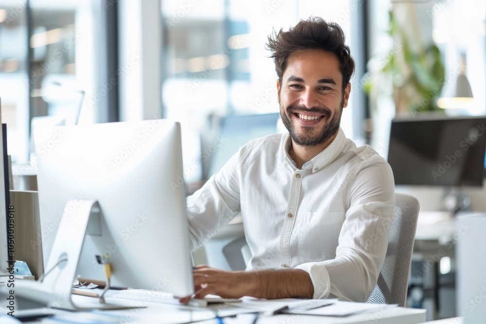 Poster a man wearing a white shirt is smiling while working at a computer in a modern, brightly-lit office 