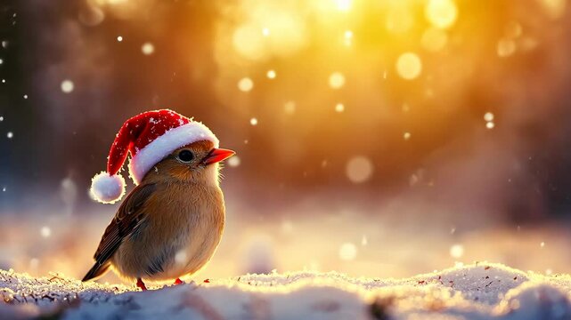 A small bird wearing a red Santa hat sits in the snow during a winter snowfall