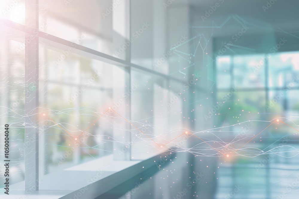 Poster A modern office space with large glass windows and an abstract overlay of light and lines, creating a futuristic and dynamic visual effect.