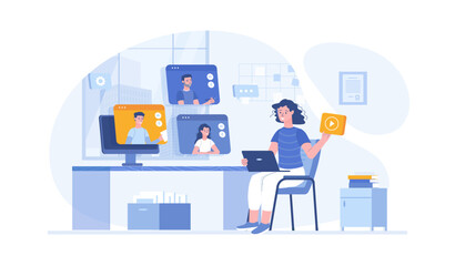 Webinar, online meeting, virtual conference on video call. People communicate online. Vector illustration with characters in flat design for web banner.	
