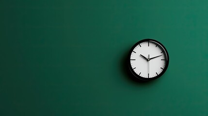 A minimalist image of a clock isolated against a solid green background. The clean, simple design of the clock contrasts with the bold green, highlighting time and focus