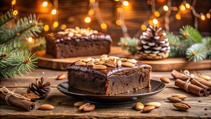 A decadent chocolate brownie, topped with roasted almonds and a rich chocolate glaze, sits on a rustic wooden table, illuminated by warm fairy lights, evoking a cozy and festive atmosphere.