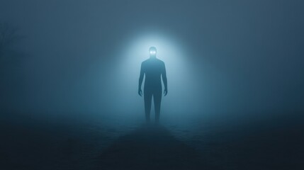 Fototapeta premium Mysterious Figure in Dark Foggy Forest