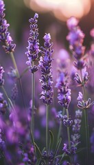 Obraz premium A captivating lavender field bathed in soft light, showcasing vibrant purple flowers and romance
