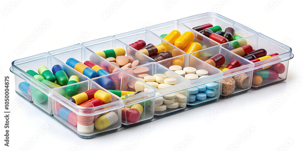 Poster an organized collection of multicolored capsules and tablets displayed in a divided plastic containe