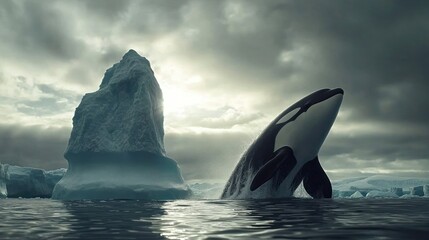 Fototapeta premium A majestic orca leaps out of the water in front of a towering iceberg with a dramatic cloudy sky.