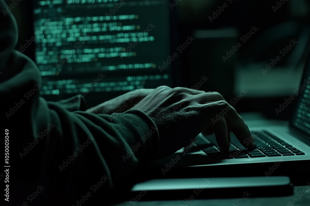 Poster anonymous hacker in a dark hood typing on a laptop
