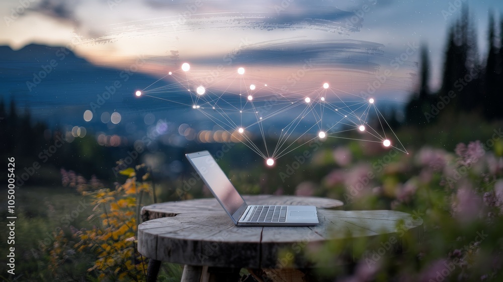 Wall mural laptop on rustic table with digital network overlay in nature