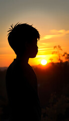 Lonely boy watching sunset isolated with white highlights, png