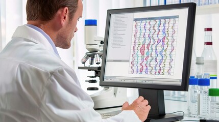 Scientist meticulously analyzing genetic data on a computer screen, symbolizing the pursuit of scientific discovery and understanding of life's complexities.