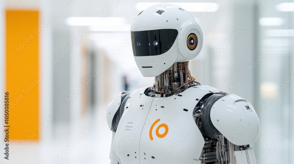 Poster humanoid robot with metallic armor in modern setting