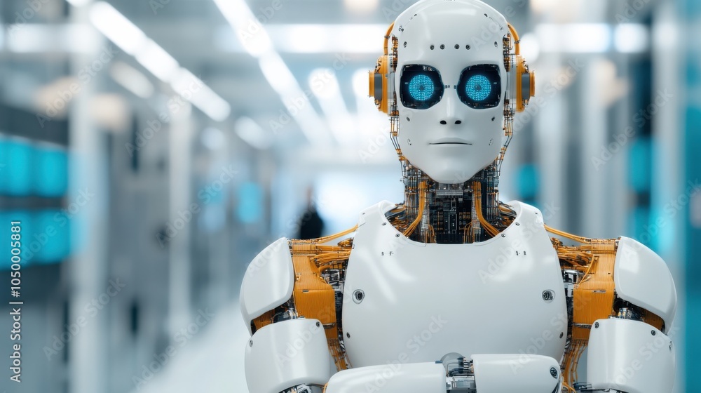 Poster humanoid robot with metallic armor in modern setting