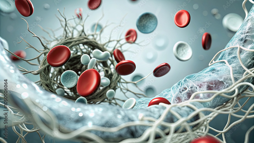 Poster red and white blood cells move through a complex network of fibers, highlighting the intricate inter