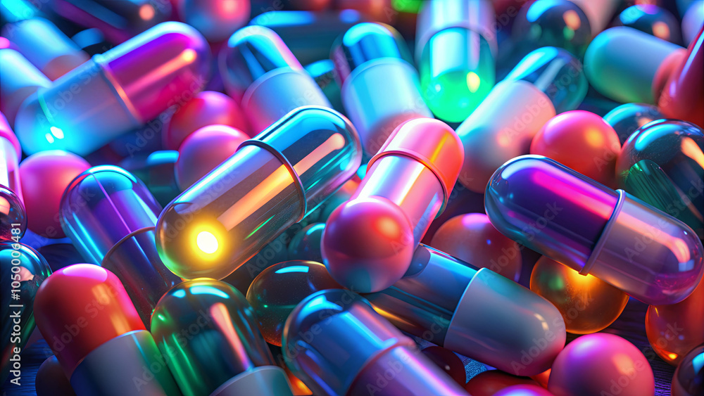 Poster an array of colorful capsules and pills arranged closely, showcasing shimmering surfaces and diverse