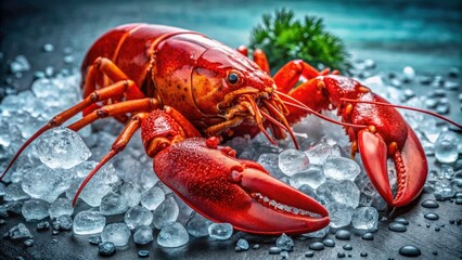 Closeup of a Fresh Red Lobster on Ice with Vibrant Colors and Detailed Texture, Perfect for Culinary and Seafood Photography, Showcasing Freshness and Quality
