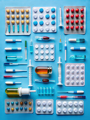 The layout features an assortment of pills, syringes, and vials, artistically arranged on a vibrant blue background, highlighting essential healthcare items