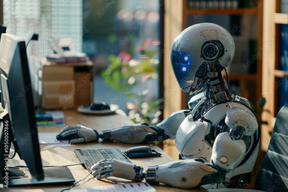 Poster a humanoid robot is intently working at a computer desk, showcasing advanced technology and ai integ