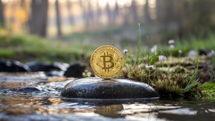 Bitcoin coin placed on a stone in a natural forest stream setting