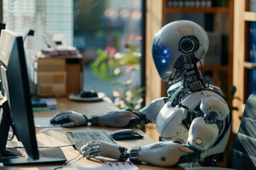 Fototapeta premium A humanoid robot is intently working at a computer desk, showcasing advanced technology and AI integration, symbolizing future work environments.