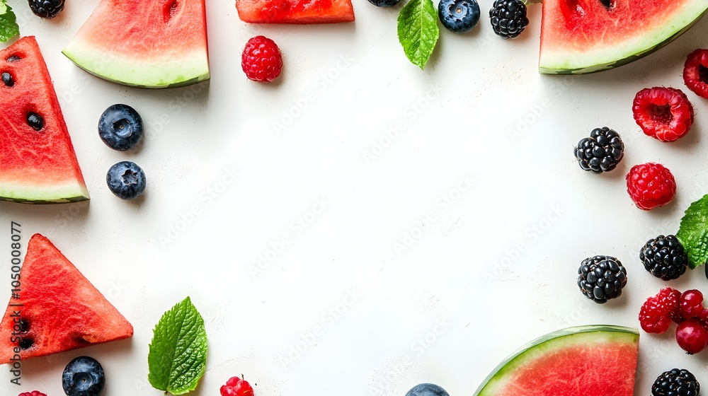 Poster assorted watermelon slices and berries on bright background with copy space
