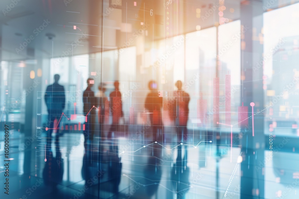 Poster a dynamic blend of silhouettes within a corporate environment features abstract graphs and analytics