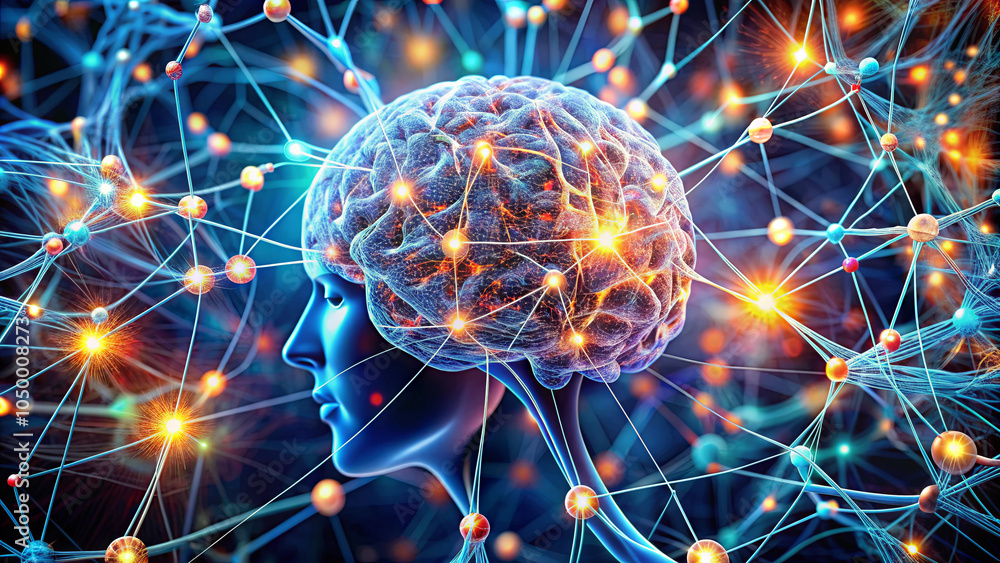 Poster the artwork depicts a human brain surrounded by an intricate network of glowing neural connections, 