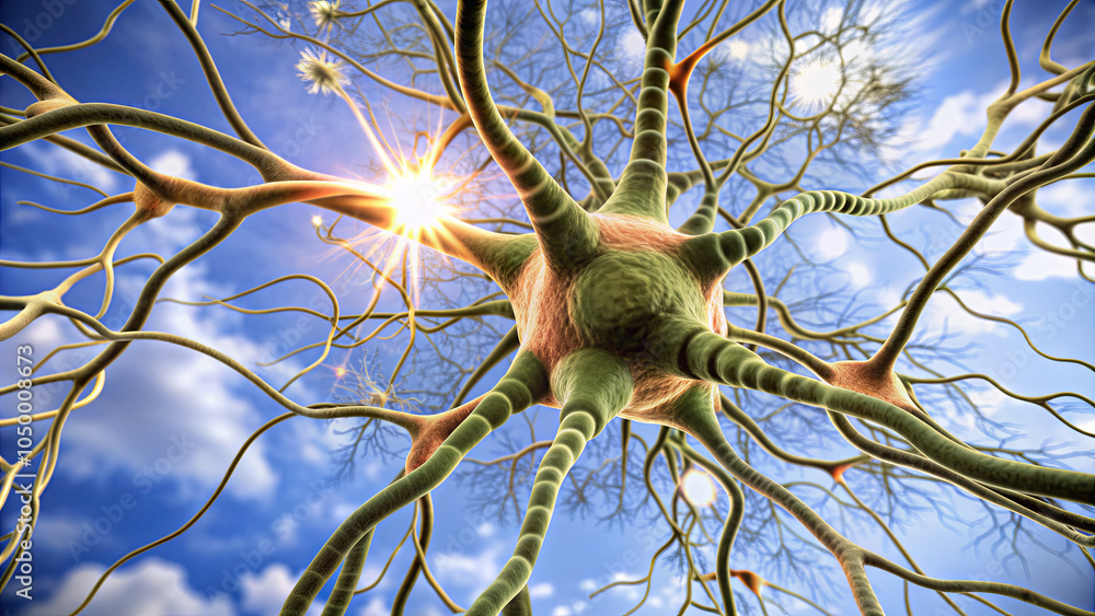 Poster a detailed view of neurons showcasing their intricate connections and structure against a bright sky