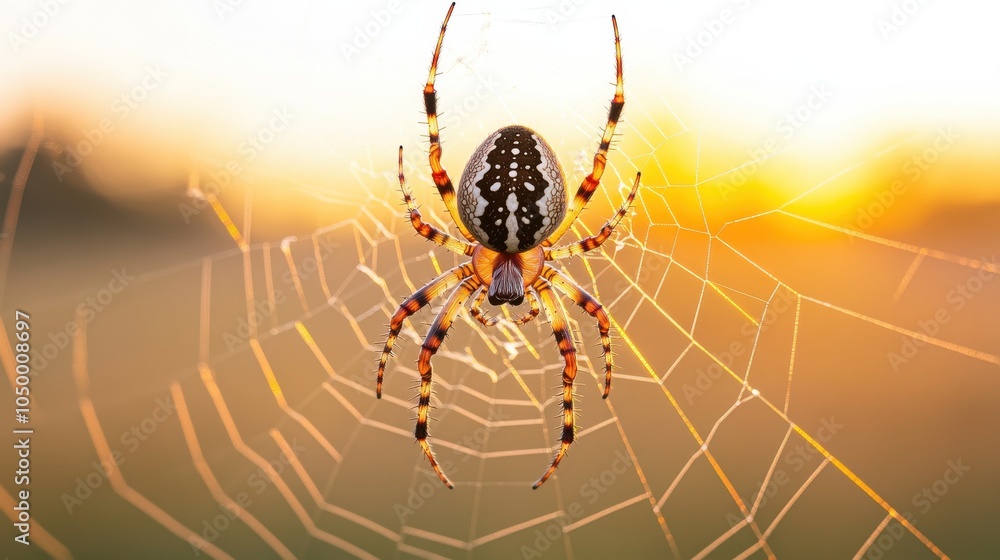 Poster spider in web at dusk with soft golden light