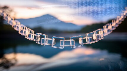 Blockchain network chain overlay with lake and mountain backdrop
