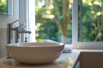 Fototapeta premium A sleek, white bathroom sink set by a large window that opens to reveal lush greenery, beautifully melding modern design with natural beauty in a serene ambiance.