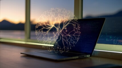 Laptop with digital brain overlay symbolizing AI and neural network technology at sunset
