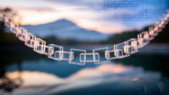 Blockchain network chain overlay with lake and mountain backdrop