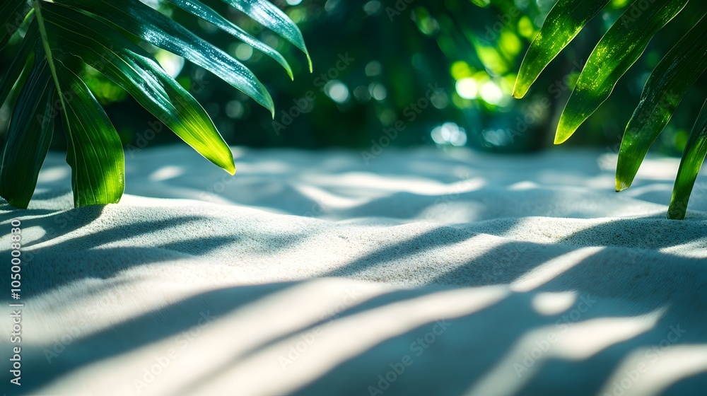 Poster soft tropical leaf shadows creating serene summer ambiance with open space