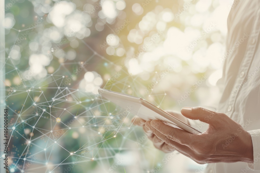 Poster close-up of hands holding a tablet, illustrating the use of digital technology and interconnected ne