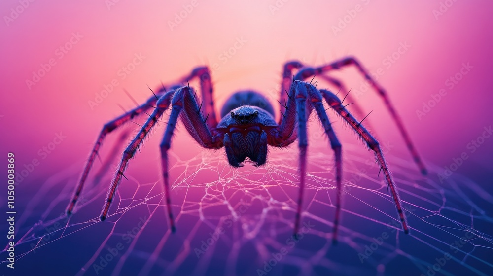 Poster spider resting in web at dusk with soft lighting
