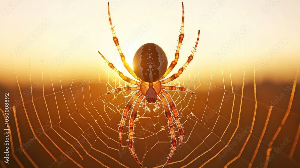 Poster spider resting in web at dusk with golden light