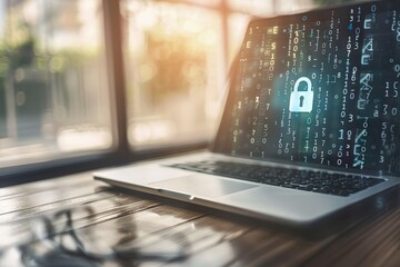 A sleek, modern laptop sits on a wooden desk, displaying a digital lock screen with security codes, symbolizing cybersecurity in a sunlit workspace.