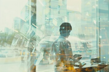 A silhouette of a business person using a tablet against a cityscape background, conveying technology's role in modern business through digital overlays.