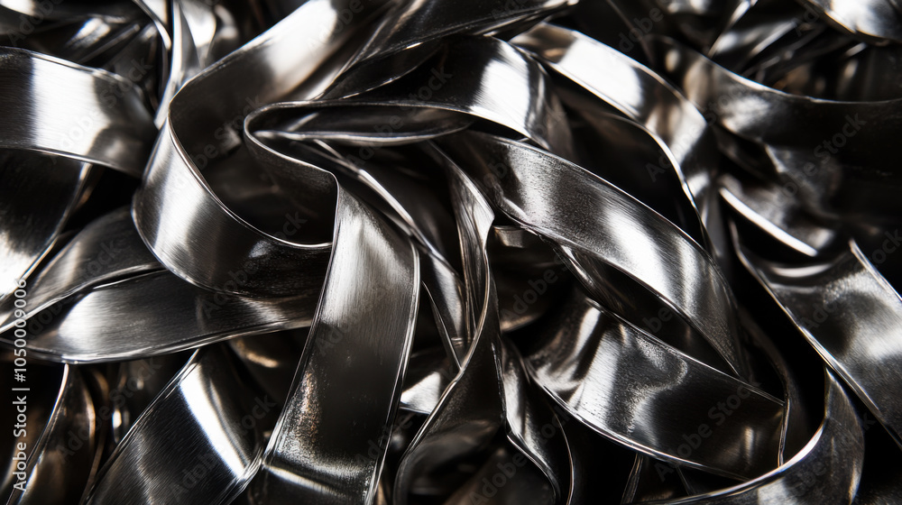 Poster twisted metallic ribbons arranged in a intricate pattern on a black surface captured in natural ligh