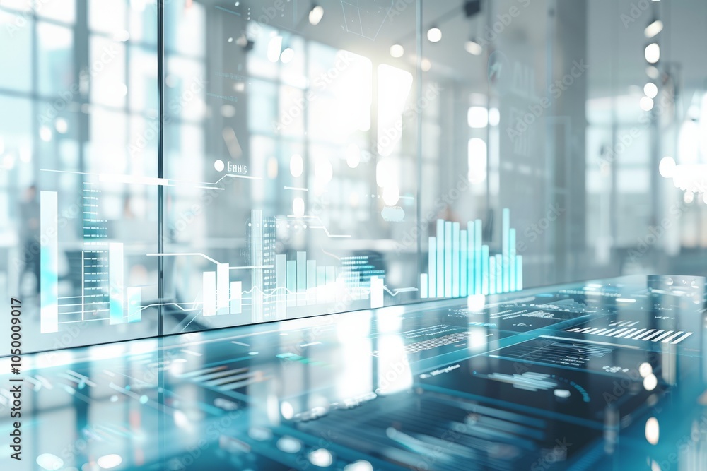 Poster a vibrant representation of data analytics showing virtual graphs and charts in an office, highlight